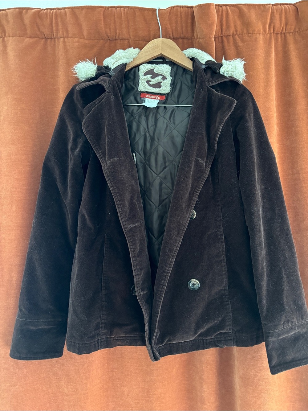 Billabong Dark Brown Corduroy Pea Coat with Faux-Fur Trim